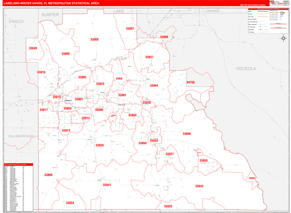 Lakeland-Winter Haven Metro Area Digital Map Red Line Style